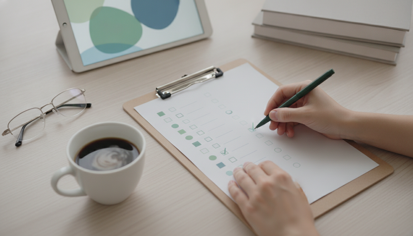 A laptop and notepad with a checklist on a tidy desk in soft daylight