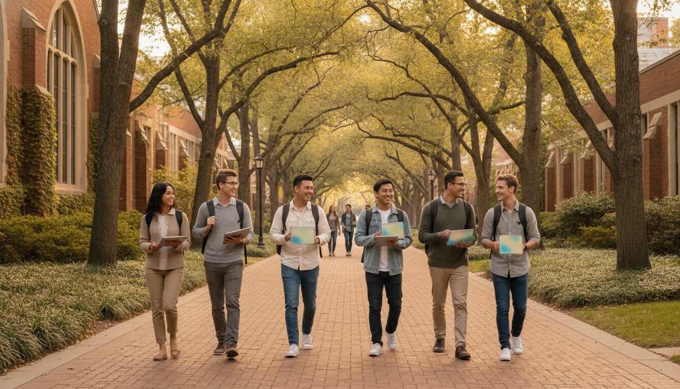 Un paseo del campus universitario con estudiantes pasando entre edificios a la luz de la tarde