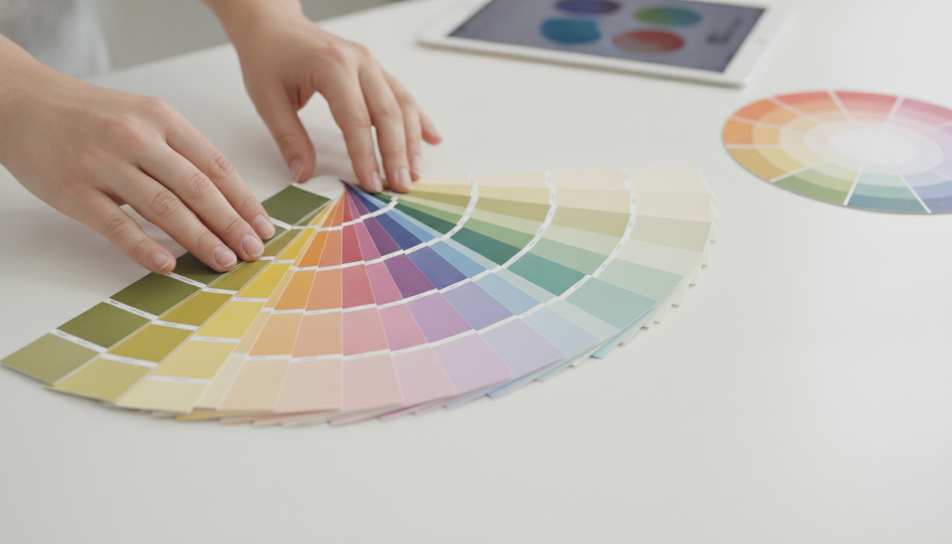 A designer’s desk with a laptop showing colour swatches and contrast ratios