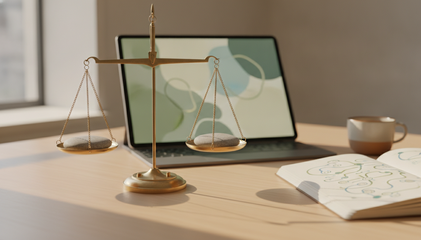 A desk with a laptop showing a comparison table and a checklist in soft light