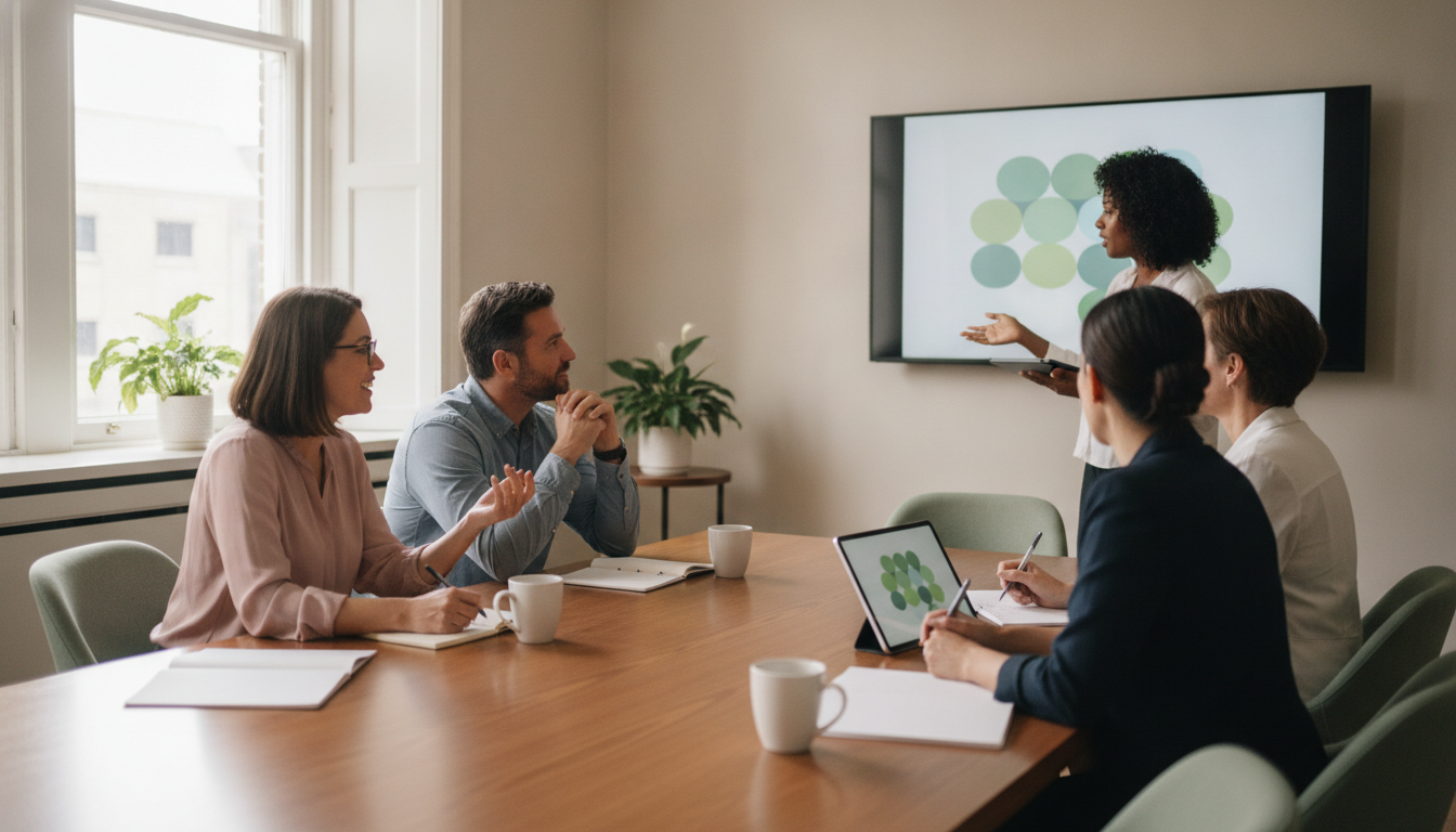 Un pequeño grupo de personal académico en una brillante sala de seminarios durante una sesión de capacitación