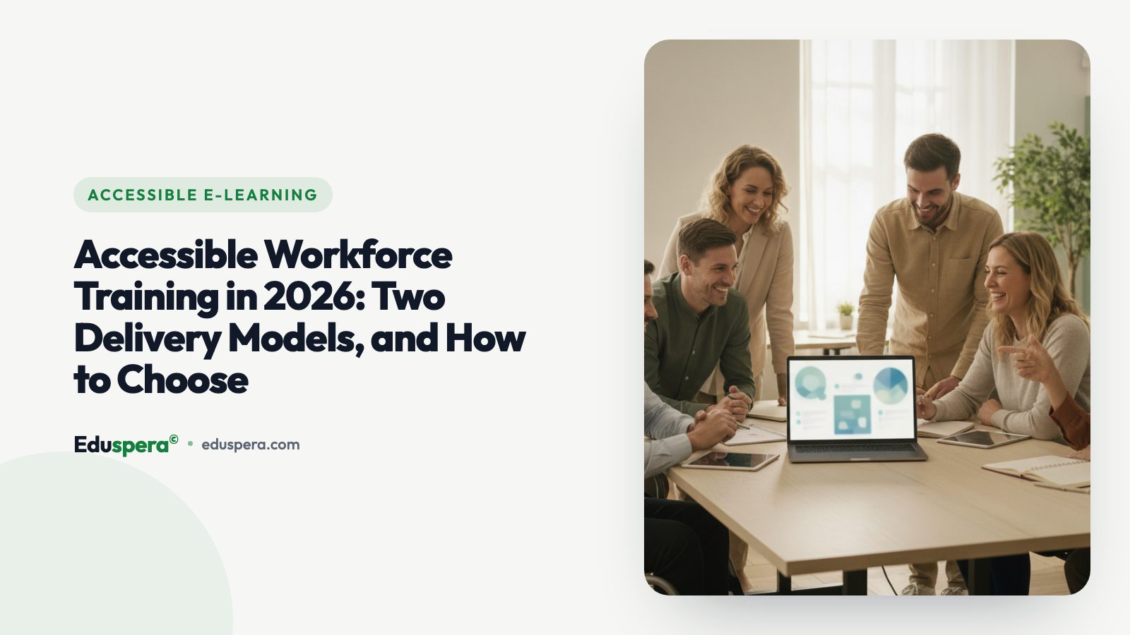A diverse, inclusive team in a bright modern office completing accessible online workplace training together