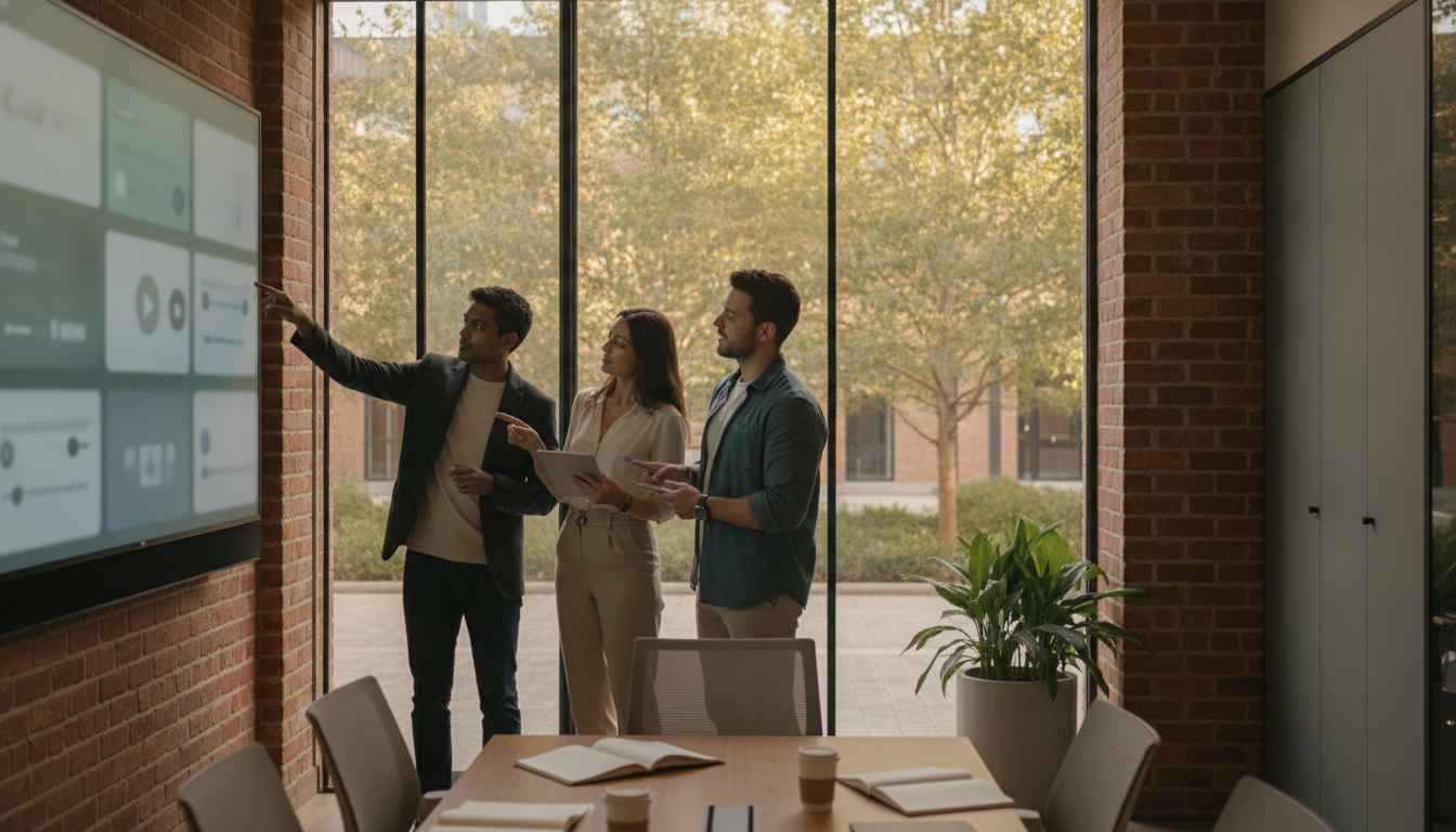 A university continuing-education office team reviewing a course catalogue on a large wall screen, with soft, blurred interface elements and no readable text