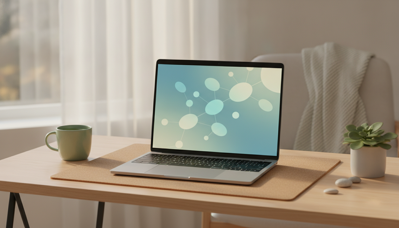 Un escritorio de oficina en casa tranquilo con una laptop abierta mostrando tarjetas de cursos en línea coloridas en suave luz natural
