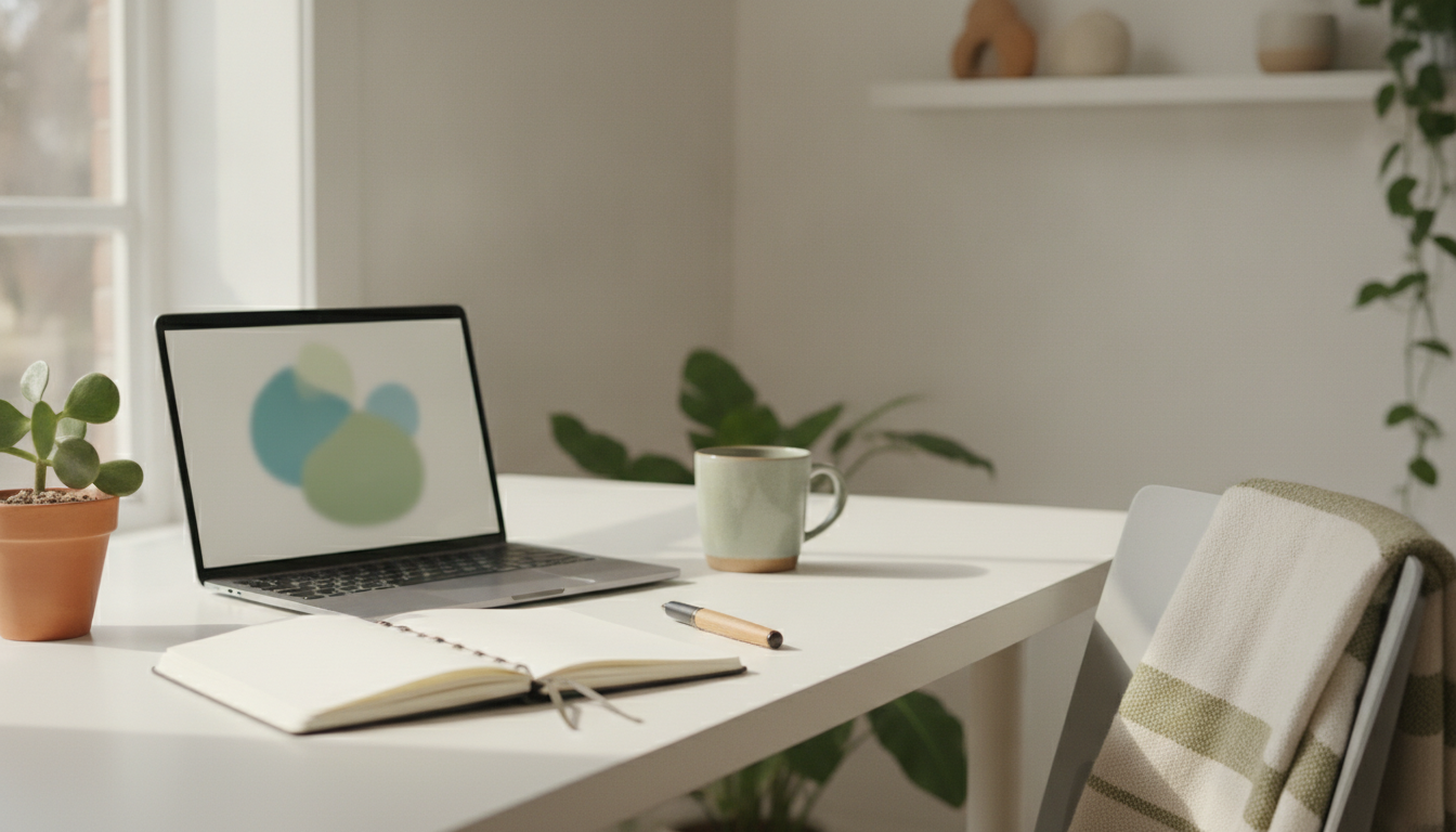 Un escritorio de oficina en casa tranquilo con una laptop abierta mostrando tarjetas de cursos en línea coloridas a la luz natural suave