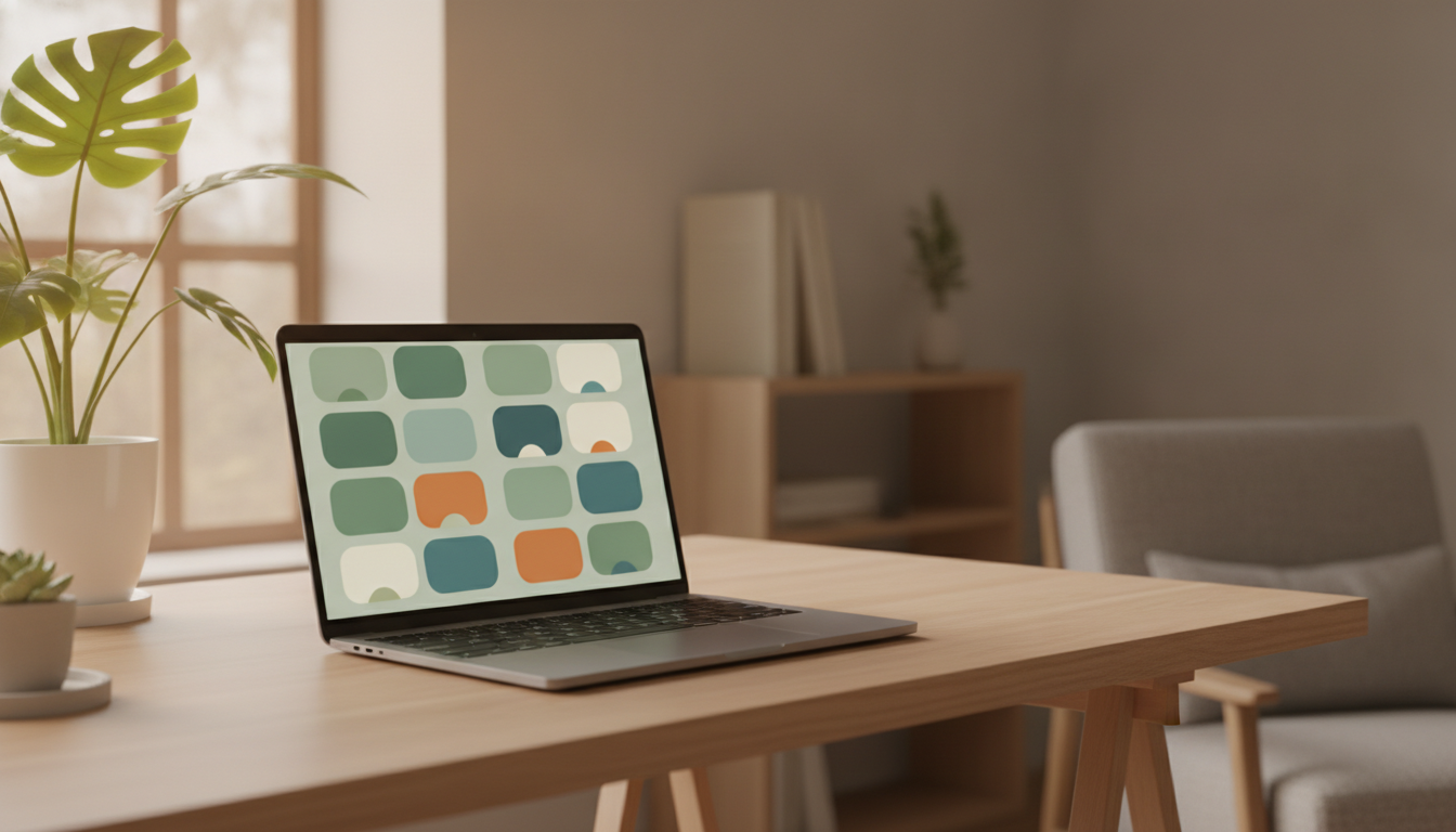 Un escritorio de oficina en casa tranquilo con una laptop abierta mostrando tarjetas de cursos en línea coloridas a la luz natural suave