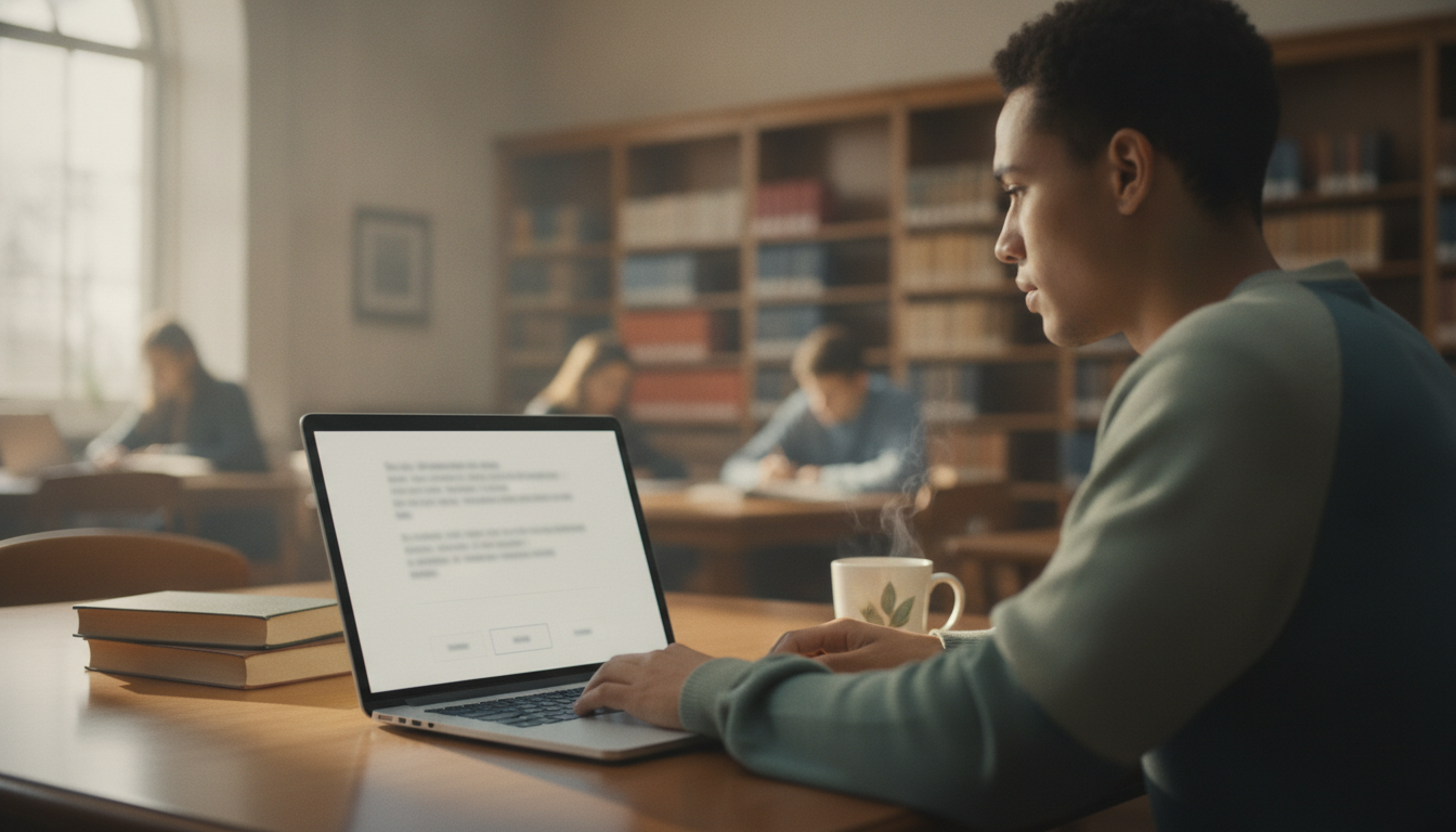 A student reading on a laptop in a quiet campus library, the screen showing a large-text, high-contrast reading view, with soft blurred bookshelves behind